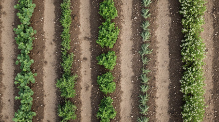 Rosemary and thyme bushes growing in herb garden beds with clean soil linesの素材