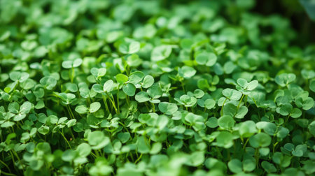 Sprouting alfalfa plants forming a dense green carpet across open farmlandの素材