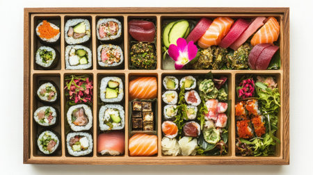 Sushi bento-style layout with compartments neatly displayed on whiteの素材