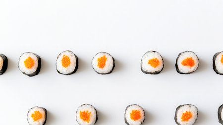 Sushi rolls with roe topping placed in linear order against clean whiteの素材