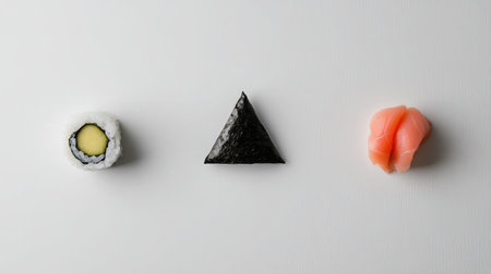 Wasabi, ginger, and sushi pieces arranged in a balanced triangle on whiteの素材