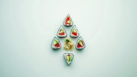 Wasabi, ginger, and sushi pieces arranged in a balanced triangle on whiteの素材