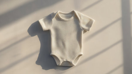 White cotton bodysuit with ribbed texture styled flat against a bright white surface, showing crisp stitching linesの素材