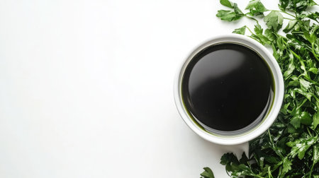 Sushi selection with seaweed salad and soy sauce bowl, top view on whiteの素材