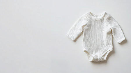 White cotton bodysuit with ribbed texture styled flat against a bright white surface, showing crisp stitching linesの素材