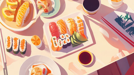White background image showing a balanced sushi meal with sides and sauceの素材
