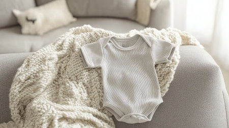 A basic baby bodysuit draped on a soft couch with plush throw in backgroundの素材