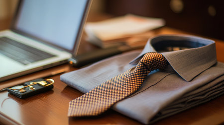 A folded shirt and tie sit on a clean desk with organized stationery and an open laptopの素材