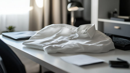 A crisp white shirt displayed over the edge of a tidy desk with muted tones and natural lightの素材