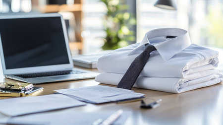 A folded shirt and tie sit on a clean desk with organized stationery and an open laptopの素材