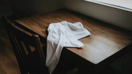 A desktop scene with a white shirt draped over the corner of a desk, hinting at recent activityの素材