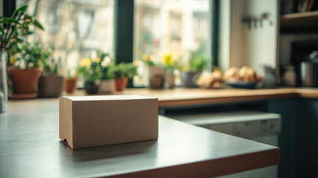 A plain cardboard takeaway food box on a kitchen counter with soft natural lightingの素材
