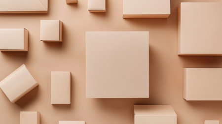 Blank packaging box and mailing envelope laid out flat on a kraft paper backgroundの素材