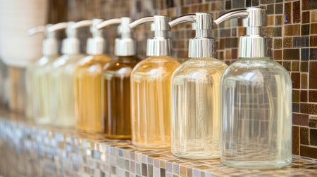A selection of transparent pump bottles placed on a tiled bathroom surface with no brandingの素材