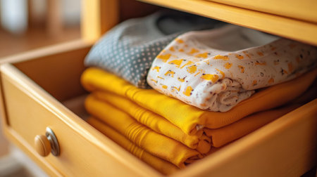 Bodysuits folded and stacked inside a drawer organizer, clean layoutの素材