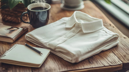 A crisp white shirt folded neatly on a wooden desk beside a steaming coffee mug and an open journalの素材