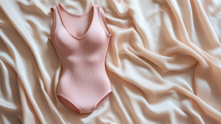 Bodysuit with built-in shapewear laid out on satin fabric with soft morning lightingの素材