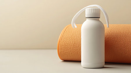 A matte white water bottle stands beside a yoga mat and towel in a clean studio environmentの素材