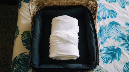 A sleeveless bodysuit rolled tightly into a travel organizer for packing flat layの素材