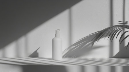 Clean white pump bottle placed at the center of a neutral tabletop with soft shadowsの素材