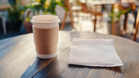 Disposable cup with no logo sits on a coffee shop table next to a plain napkinの素材