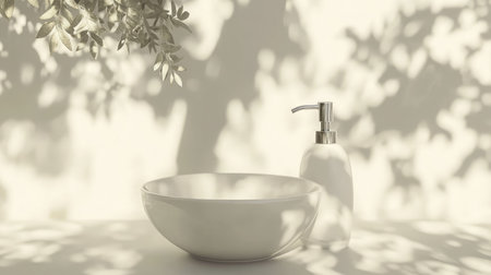 Clean white pump bottle placed at the center of a neutral tabletop with soft shadowsの素材