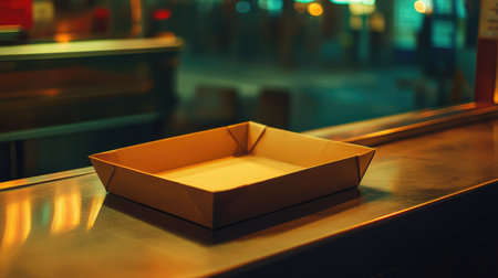 Empty paper food tray on a restaurant counter ready for serving, no branding visibleの素材