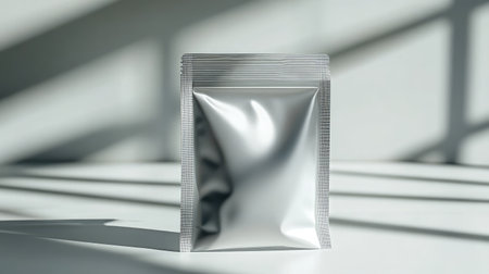 Empty white label pouch on a plain table with shadows, suitable for supplement or food mockupsの素材