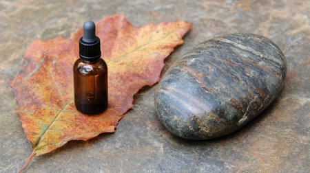 Empty amber glass dropper bottle next to a smooth stone and leaf for a natural product presentationの素材