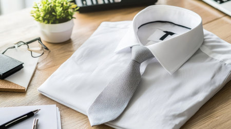 Laid-out white shirt and smart tie on top of an organized desk setup with minimal clutterの素材