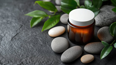 Plain amber jar with white lid placed among smooth stones and leaves for a natural wellness lookの素材