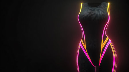 Neon-colored bodysuit against a stark black background with moody lightingの素材
