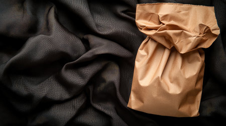 Minimal coffee packaging bag resting on dark fabric, perfect for brand placement mockupsの素材