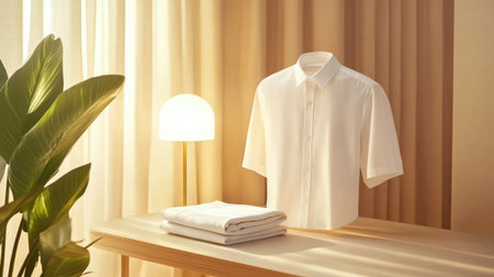 Peaceful office vibe with a folded white shirt on desk and soft lighting from desk lampの素材