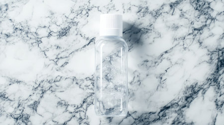 Minimal clear plastic bottle with white cap on marble countertop in a modern settingの素材
