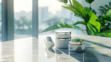 Neutral-colored cosmetic pots and lids on smooth stone tiles in morning lightの素材