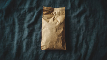 Minimal coffee packaging bag resting on dark fabric, perfect for brand placement mockupsの素材