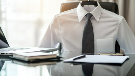 Neatly arranged white shirt and tie placed on a glass desk with a closed laptop and notepadの素材