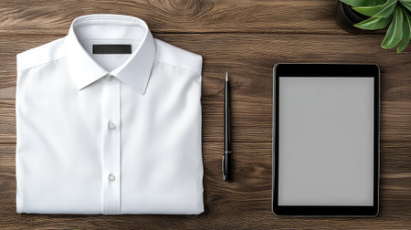 Workspace featuring a white dress shirt laid flat on the desk next to a tablet and penの素材