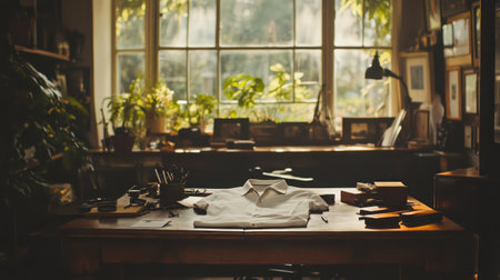 Workspace stillness captured with a white shirt on the desk, symbolizing preparation or pauseの素材