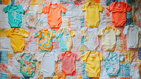 Printed baby bodysuits laid in a grid on a quilt for color palette variationの素材