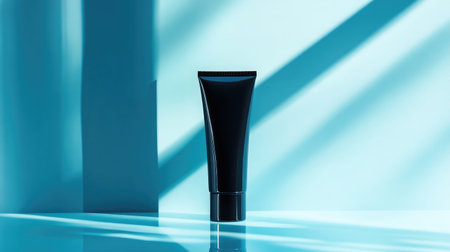Unbranded black tube of skincare cream on a reflective surface with soft lighting for a clean commercial lookの素材
