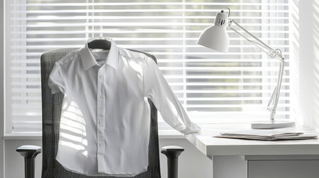 White shirt elegantly draped on the back of an office chair next to a minimalist desk lampの素材