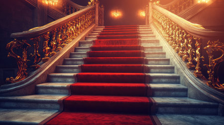 Elegant red carpet rolls down marble stairs with golden railings and soft spotlightの素材