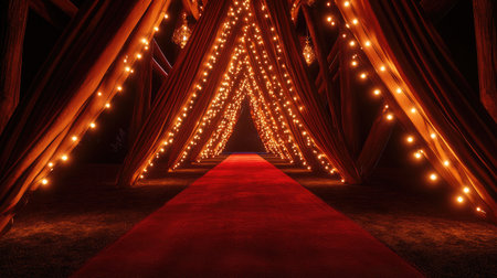 Red carpet beneath a canopy of twinkling fairy lights and decorative drapesの素材
