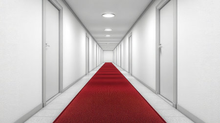 Minimalist hallway with red carpet runner and white walls in linear perspectiveの素材