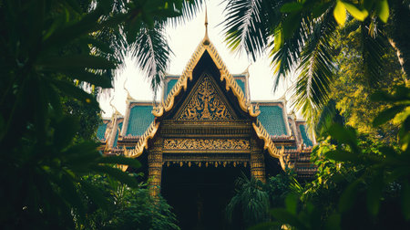Low-angle view of a richly decorated temple roof framed by leafy branchesの素材