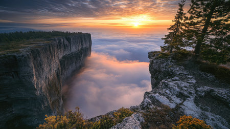Cliff plateau above clouds during sunrise with golden light breaking throughの素材