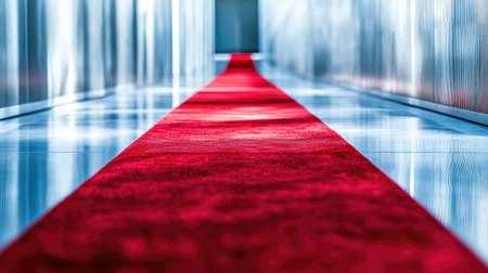 Red carpet unfurled across a glossy floor with polished reflections and art deco surroundingsの素材