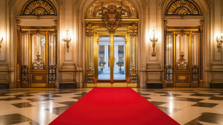 Red carpet leads to grand double doors with ornate gold detailing and dramatic lightingの素材